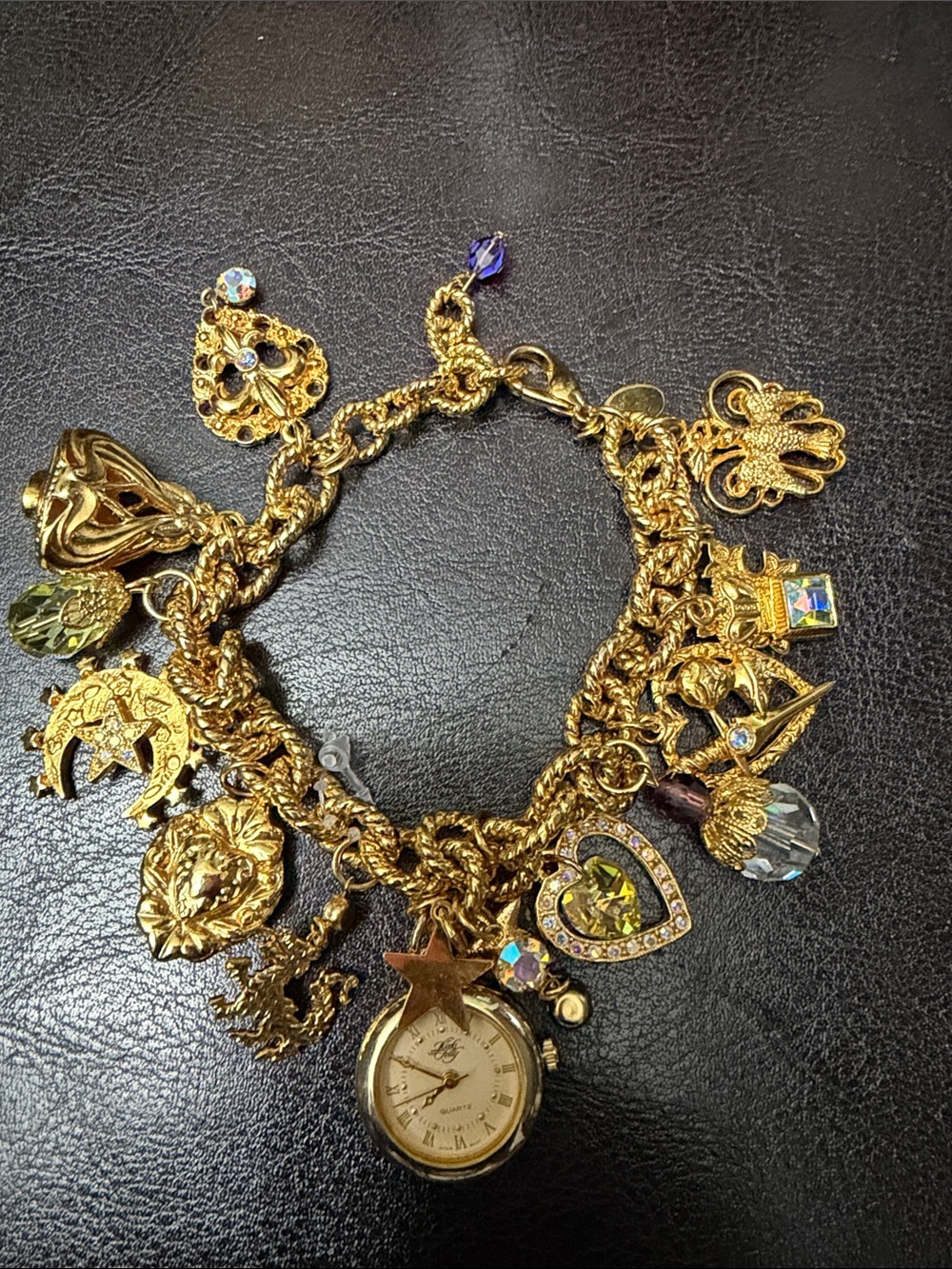 Kirk's Folly Camelot of Time Watch Charm Bracelet Heart Moon Star Cross Crystal